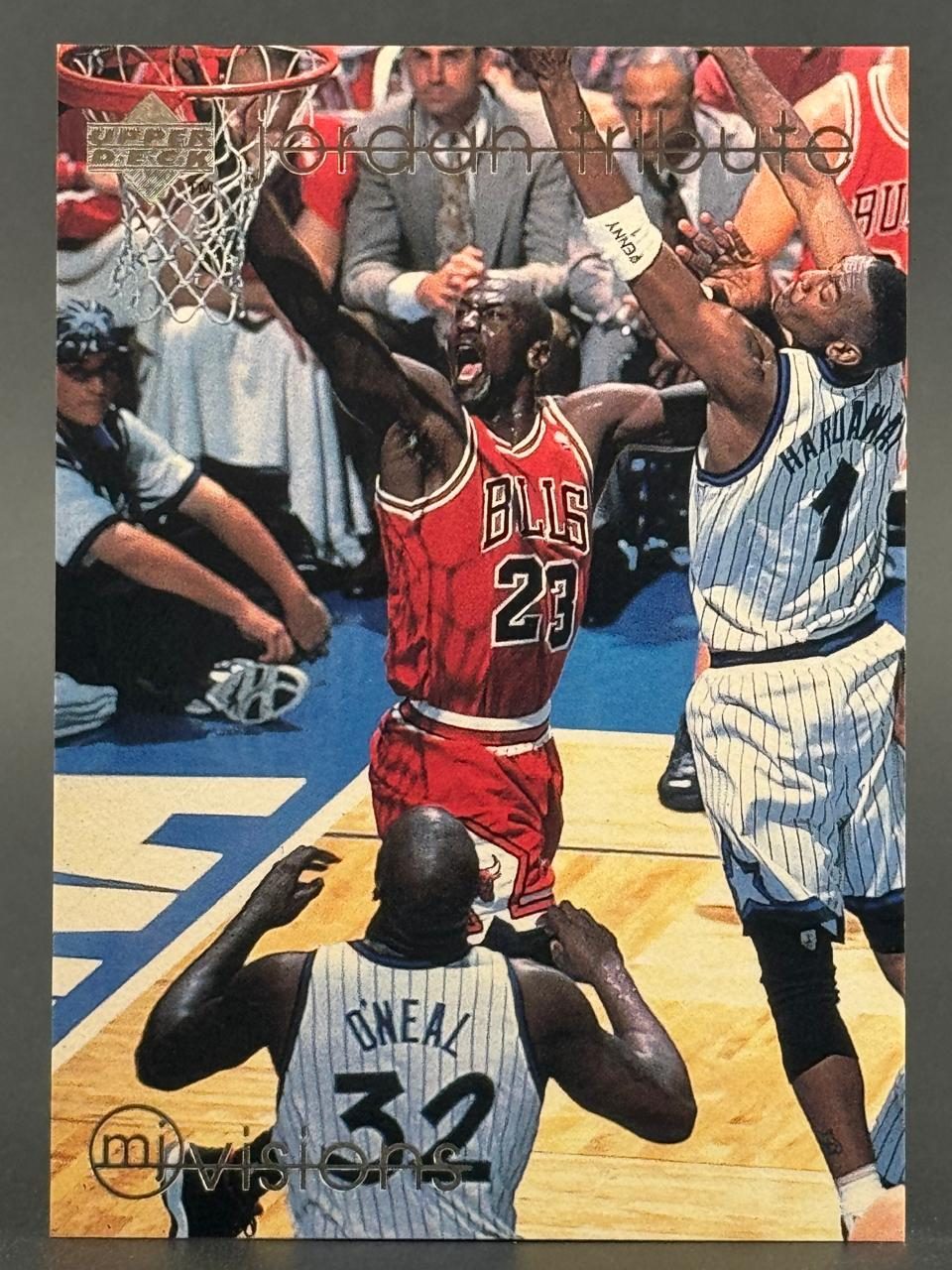 1996-97 Upper Deck Michael Jordan MJ Visions trading card showing Jordan dunking against Orlando.
