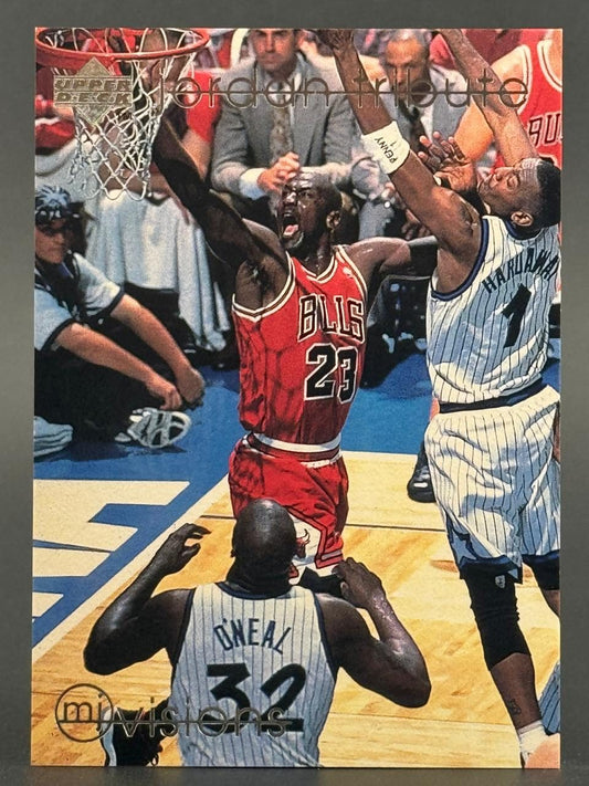 1996-97 Upper Deck Michael Jordan MJ Visions trading card showing Jordan dunking against Orlando.