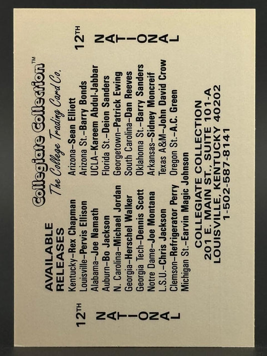 12th National Collegiate Collection trading card back listing available releases for players like Michael Jordan and Joe Namath.
