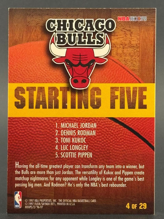 1996-97 NBA Hoops Starting Five Chicago Bulls trading card #4 of 29 lists players Jordan, Rodman, Kukoc, Longley, Pippen.