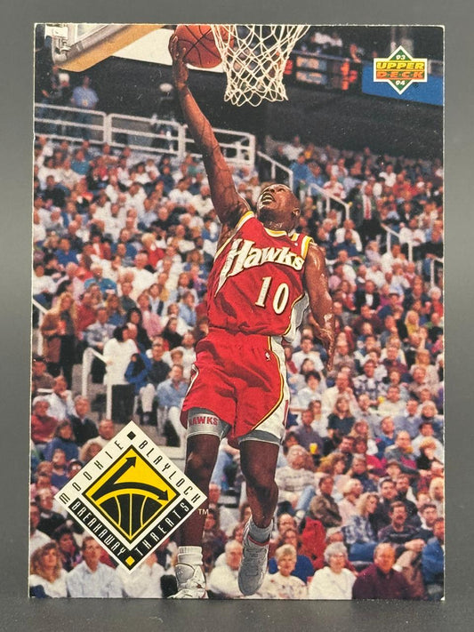 1993 Upper Deck Mookie Blaylock basketball card #10 in a red Hawks uniform dunking.
