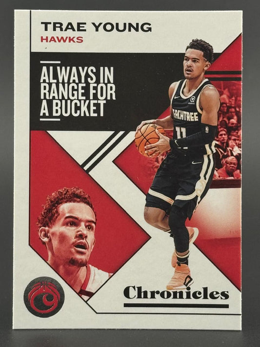 Trae Young trading card, NBA Hawks, Chronicles set, featuring player photos and text "Always in Range for a Bucket."