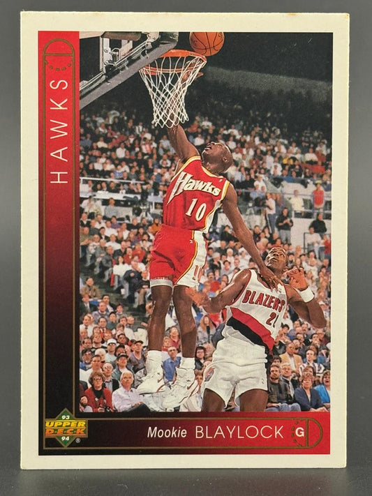 1993 Upper Deck Mookie Blaylock basketball card #HAWKS red/white border, player dunking in a game.