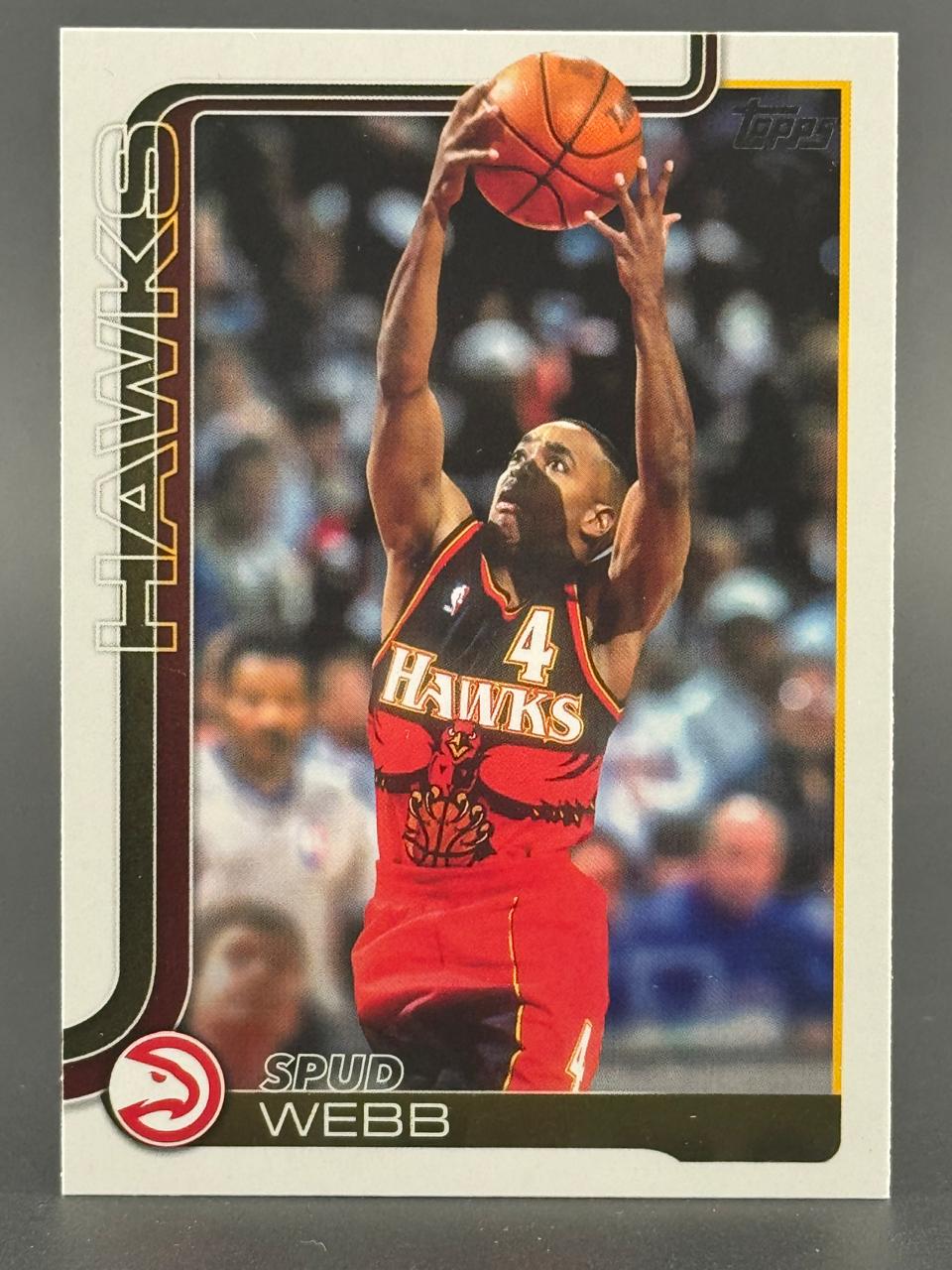1991-92 Topps Spud Webb Atlanta Hawks basketball card, #4 jersey, holding a basketball.