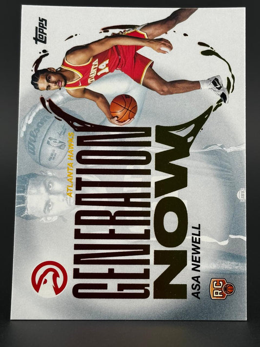 Topps Generation Now basketball card featuring Asa Newell of the Atlanta Hawks in red and yellow uniform.
