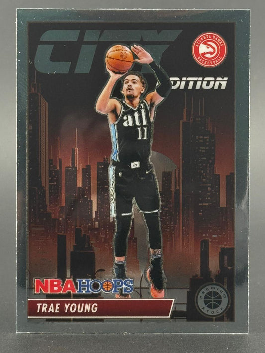 Trae Young 2021-22 NBA Hoops City Edition basketball card.