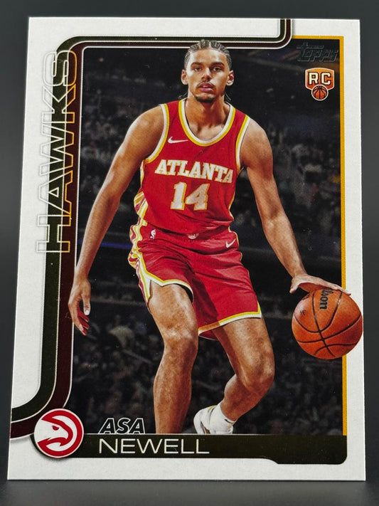 Asa Newell basketball card, Atlanta Hawks red uniform, dribbling ball, Topps layout with team name.