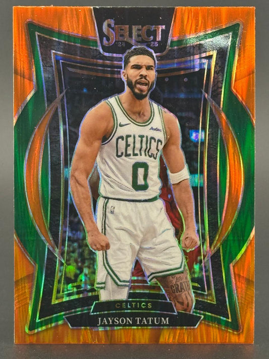 2024-25 Select Jayson Tatum Boston Celtics basketball card with orange and green parallel border.