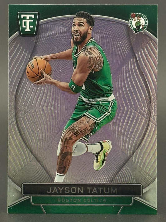 Trading card of Jayson Tatum in a Boston Celtics uniform, holding a basketball.