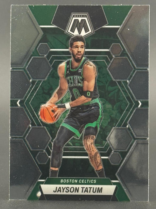 Jayson Tatum 2022-23 Panini Mosaic basketball card, green parallel, Boston Celtics.