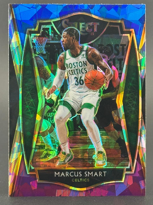 2021-22 Panini Select Marcus Smart Celtics basketball trading card with blue prismatic foil border.