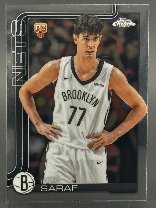 Ben Saraf Topps Chrome Rookie Card with Nets uniform, hands on hips.