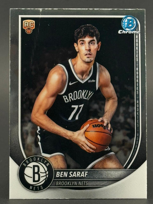 Ben Saraf 2024-25 Bowman Chrome Rookie card, holding a basketball in a Brooklyn Nets uniform.