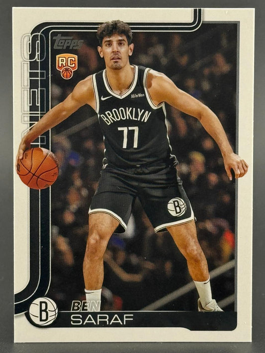 Ben Saraf Topps rookie trading card featuring him in a black Brooklyn 77 jersey dribbling a basketball.