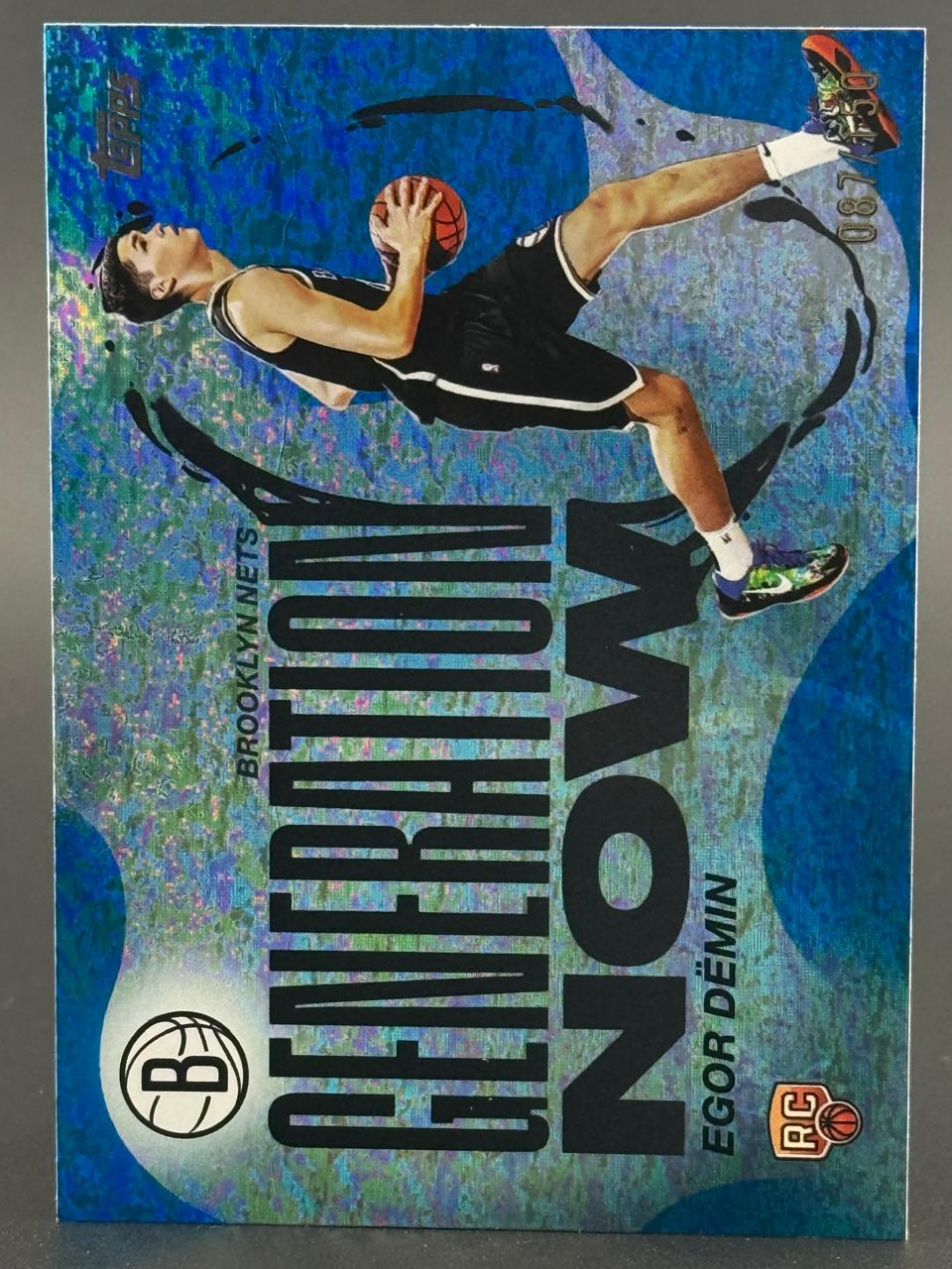 Trading card of Egor Demin in a Brooklyn Nets uniform, featuring a Generation Now design with foil finish.
