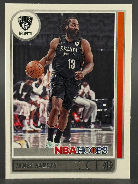 James Harden 2021-22 NBA Hoops basketball card (#13) showing him dribbling in a Brooklyn Nets uniform.