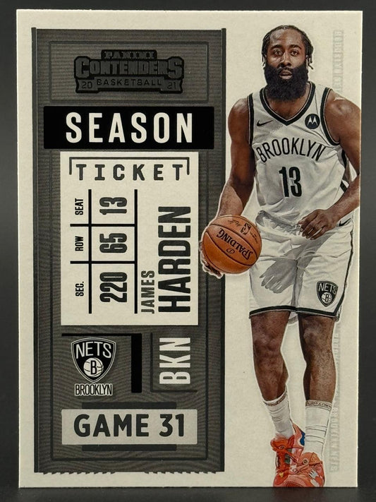 20-21 Panini Contenders James Harden Season Ticket card #31 in Brooklyn Nets uniform holding a basketball.
