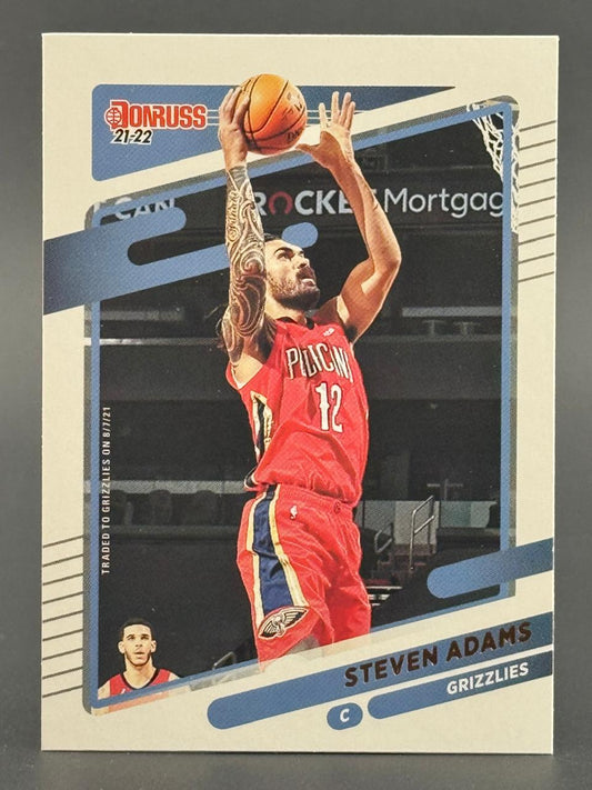 21-22 Donruss Steven Adams basketball card featuring Adams in a red Pelicans uniform shooting.