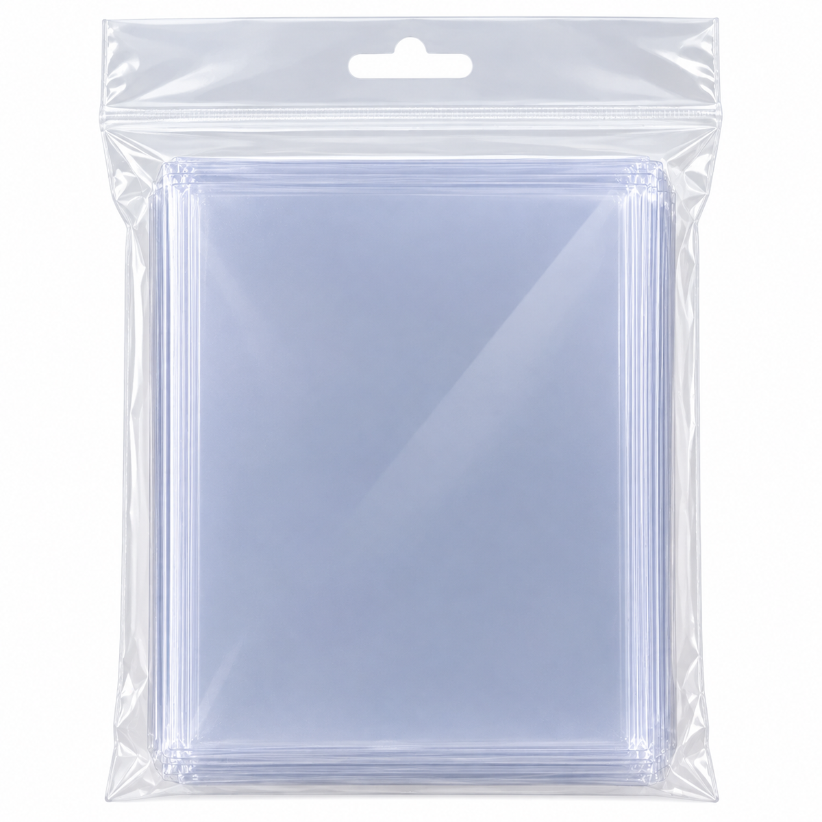 A pack of clear plastic trading card toploaders in a resealable bag.