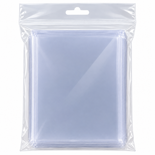 A pack of clear plastic trading card toploaders in a resealable bag.