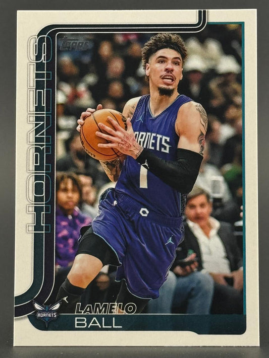 LaMelo Ball Topps trading card showing him in a Hornets uniform holding a basketball.