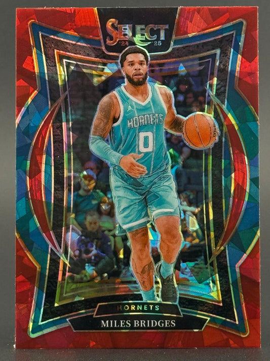 2024-25 Select Miles Bridges basketball trading card featuring him dribbling in a teal Hornets uniform.