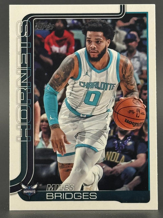 Miles Bridges 2024 Topps basketball card, showing him dribbling in a white Charlotte Hornets uniform, #0.