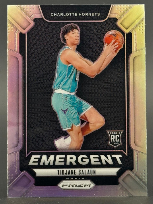 Tidjane Salaün 2024-25 Panini Prizm Emergent Rookie basketball card #EM-TS holding a basketball.
