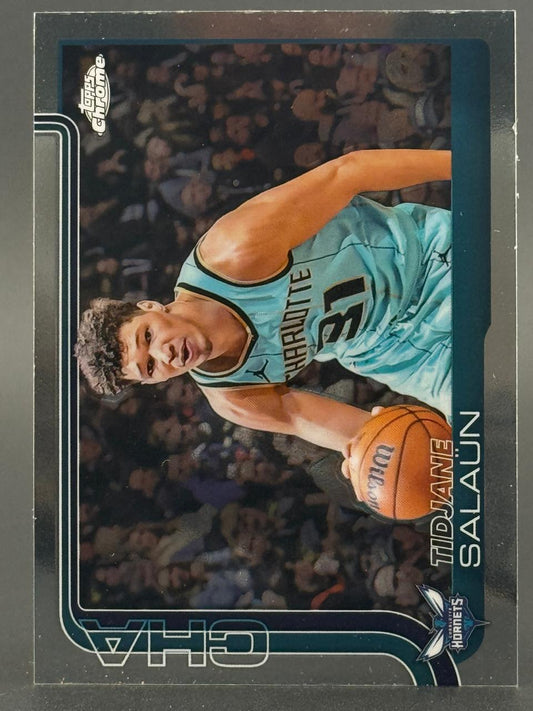Tidjane Salaün Topps Chrome basketball card showing him in a teal Charlotte Hornets uniform dribbling.
