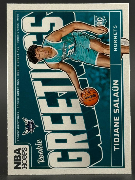 Tidjane Salaün 2024 NBA Hoops Rookie Greetings basketball card featuring him dribbling in a Hornets uniform.