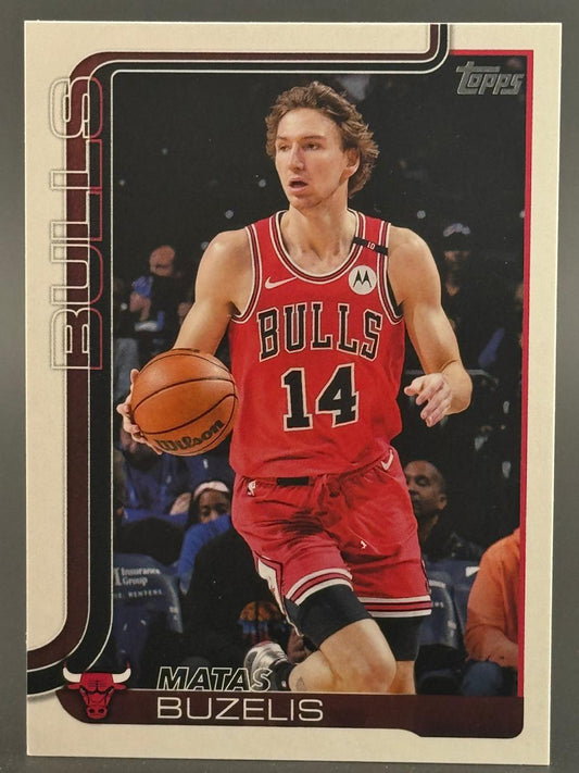 Matas Buzelis 2024-25 Topps basketball card featuring him dribbling in a Chicago Bulls uniform.