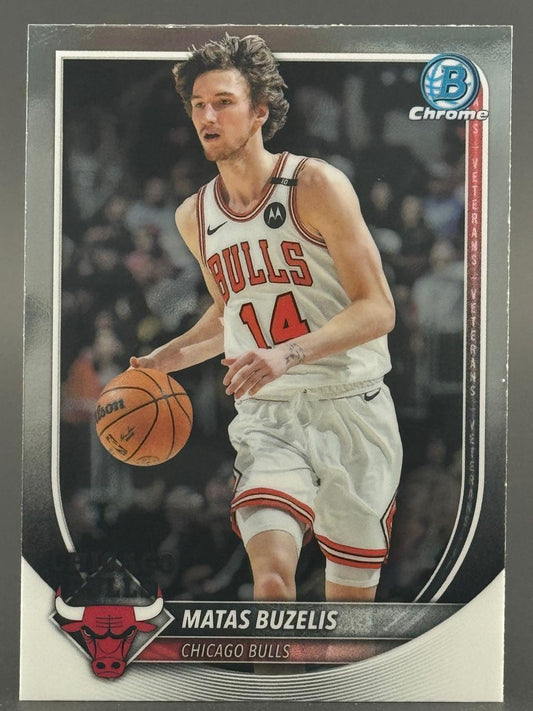 Matas Buzelis 2024 Bowman Chrome Chicago Bulls basketball card, dribbling a ball.