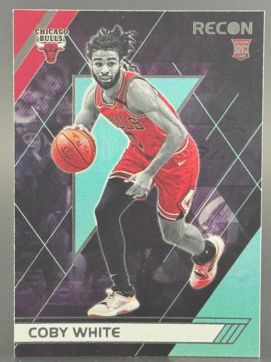 Coby White basketball trading card, Panini Recon, rookie card featuring White dribbling in a Bulls uniform.