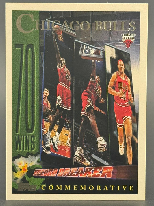 1996 Topps Chicago Bulls 70 Wins Record Breaker trading card featuring Michael Jordan and Dennis Rodman.