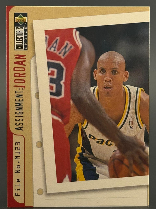 1995-96 Upper Deck Collector's Choice Jordan Assignment No. MJ23 basketball card featuring Reggie Miller.