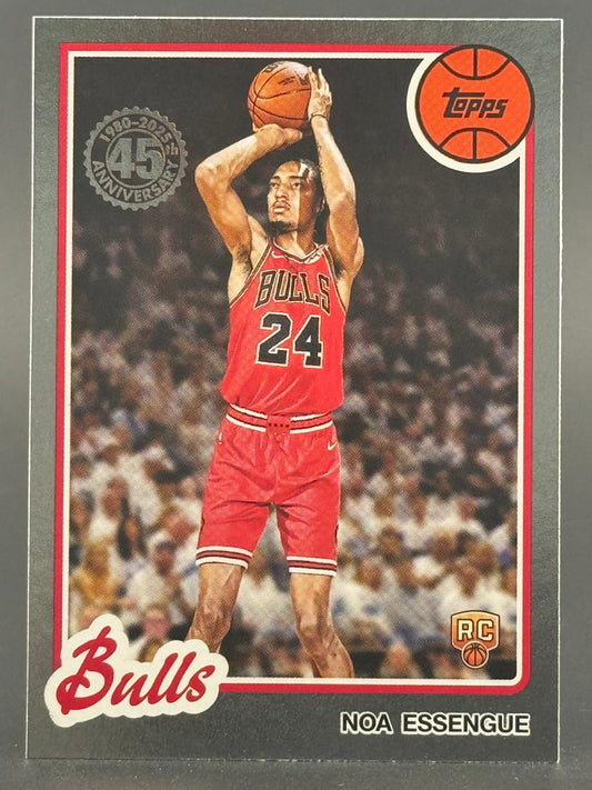 Noa Essengue 2024 Topps basketball trading card shooting a jump shot in a Bulls uniform.