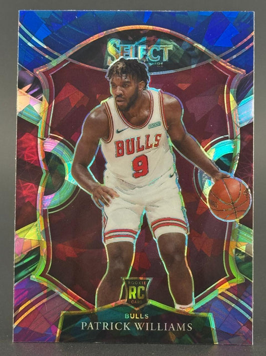 Patrick Williams 2020-21 Select RC Prizm card #9 showing him dribbling in a Bulls uniform.