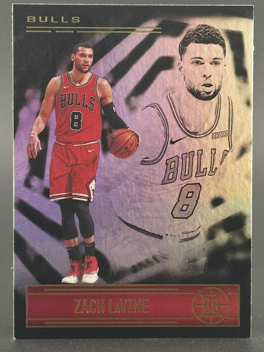 Zach LaVine trading card featuring him in a red Bulls uniform with a basketball against a stylized purple backdrop.