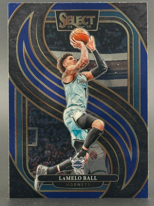 LaMelo Ball 2024-25 Select basketball trading card featuring the Hornets player shooting a jump shot.