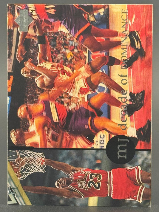 1990s Michael Jordan trading card with "MJ Decade of Dominance" text.