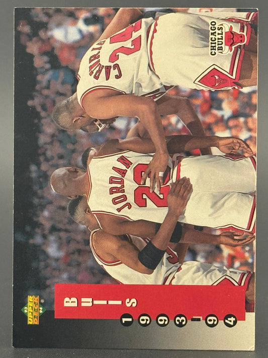 1993-94 Upper Deck Chicago Bulls basketball card featuring Michael Jordan #23 and teammates.