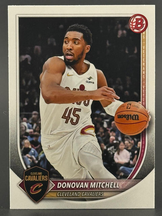 Donovan Mitchell basketball card, Cleveland Cavaliers, dribbling a Wilson basketball.