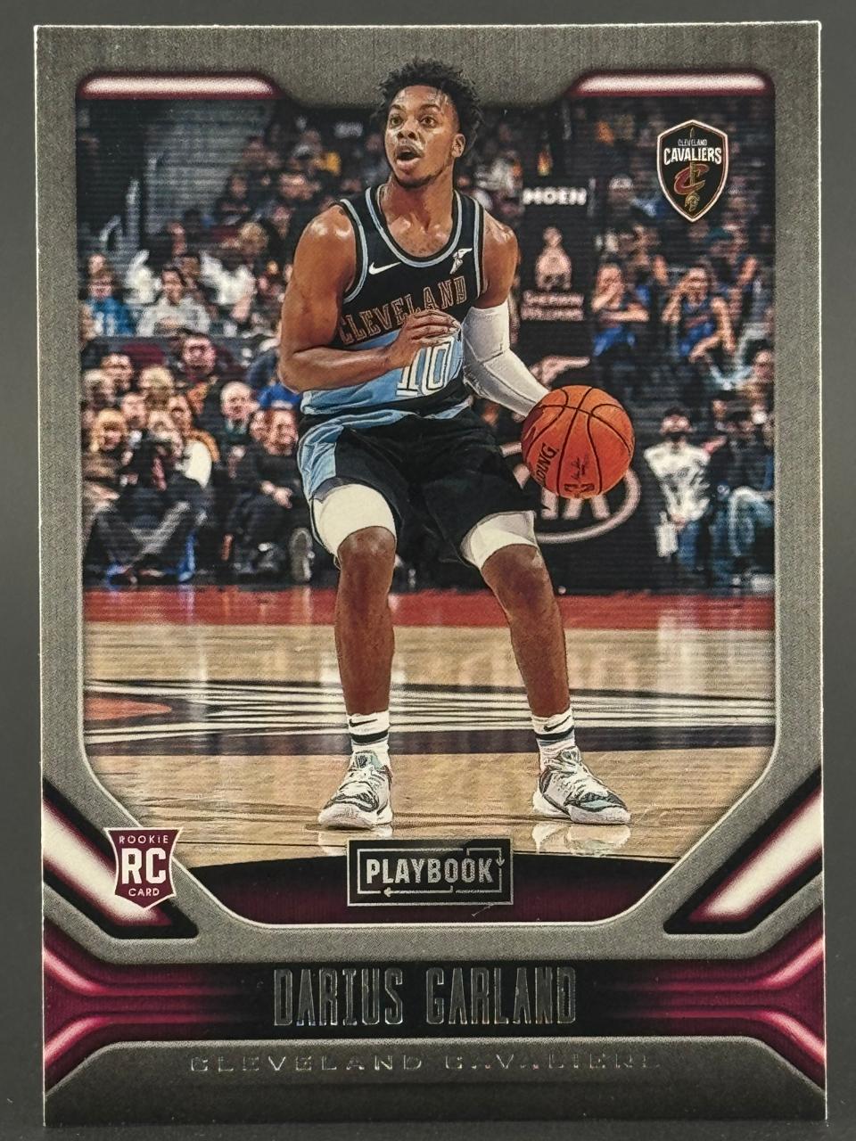 Darius Garland 2019 Panini Playbook rookie card, #10, depicting him dribbling for the Cleveland Cavaliers.