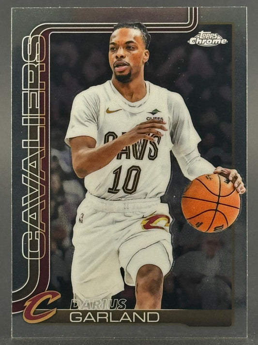 Trading card of Darius Garland dribbling in a Cavaliers uniform, Topps Chrome.