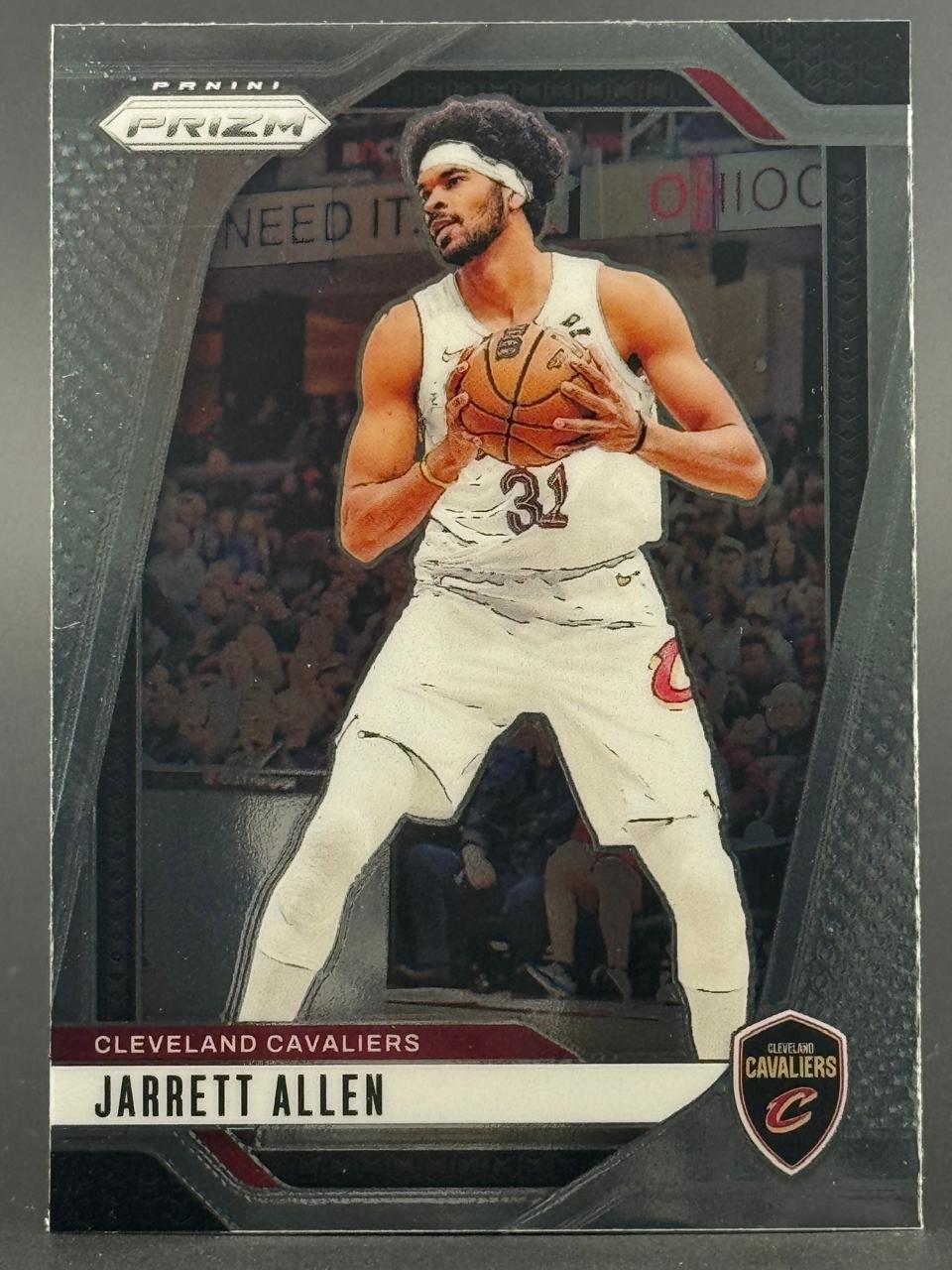Jarrett Allen 2021-22 Panini Prizm basketball card, #31, depicting him in a white Cavaliers uniform holding a ball.