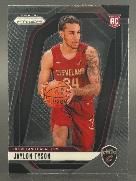 Jaylon Tyson 2024 Panini Prizm Rookie Card holding a basketball in a Cleveland Cavaliers uniform.