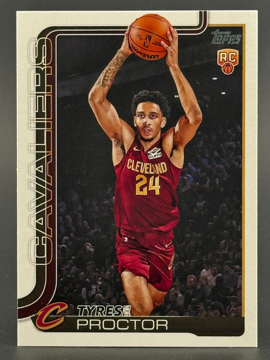 Tyrese Proctor trading card showing him holding a basketball in a Cavaliers uniform with an RC rookie logo.