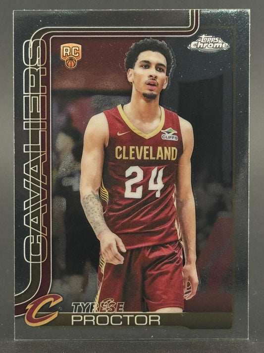 Tyrese Proctor Topps Chrome rookie card featuring him in a Cleveland Cavaliers jersey.