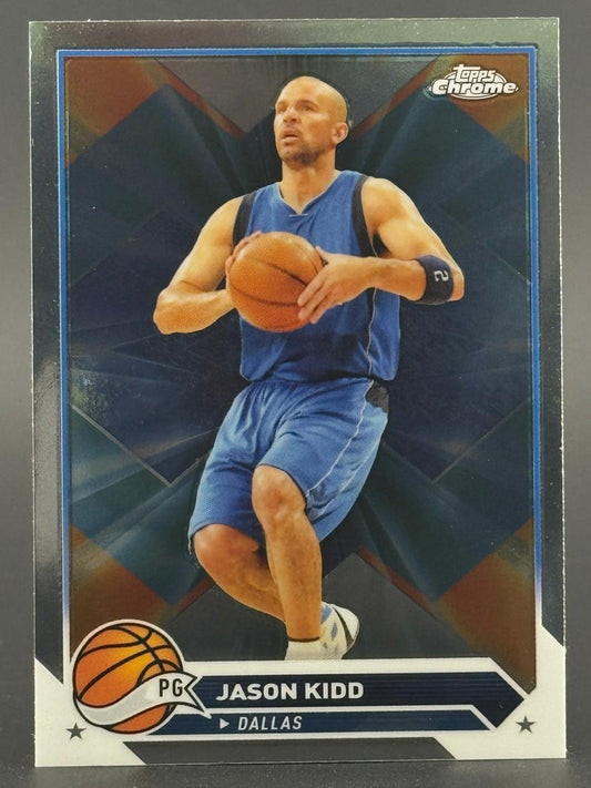 Jason Kidd Dallas trading card from Topps Chrome showing him holding a basketball in uniform.