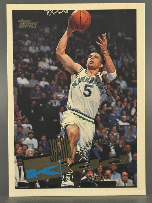 Jason Kidd 1994 Topps Basketball card #5, showing him shooting a layup in a Dallas Mavericks uniform.
